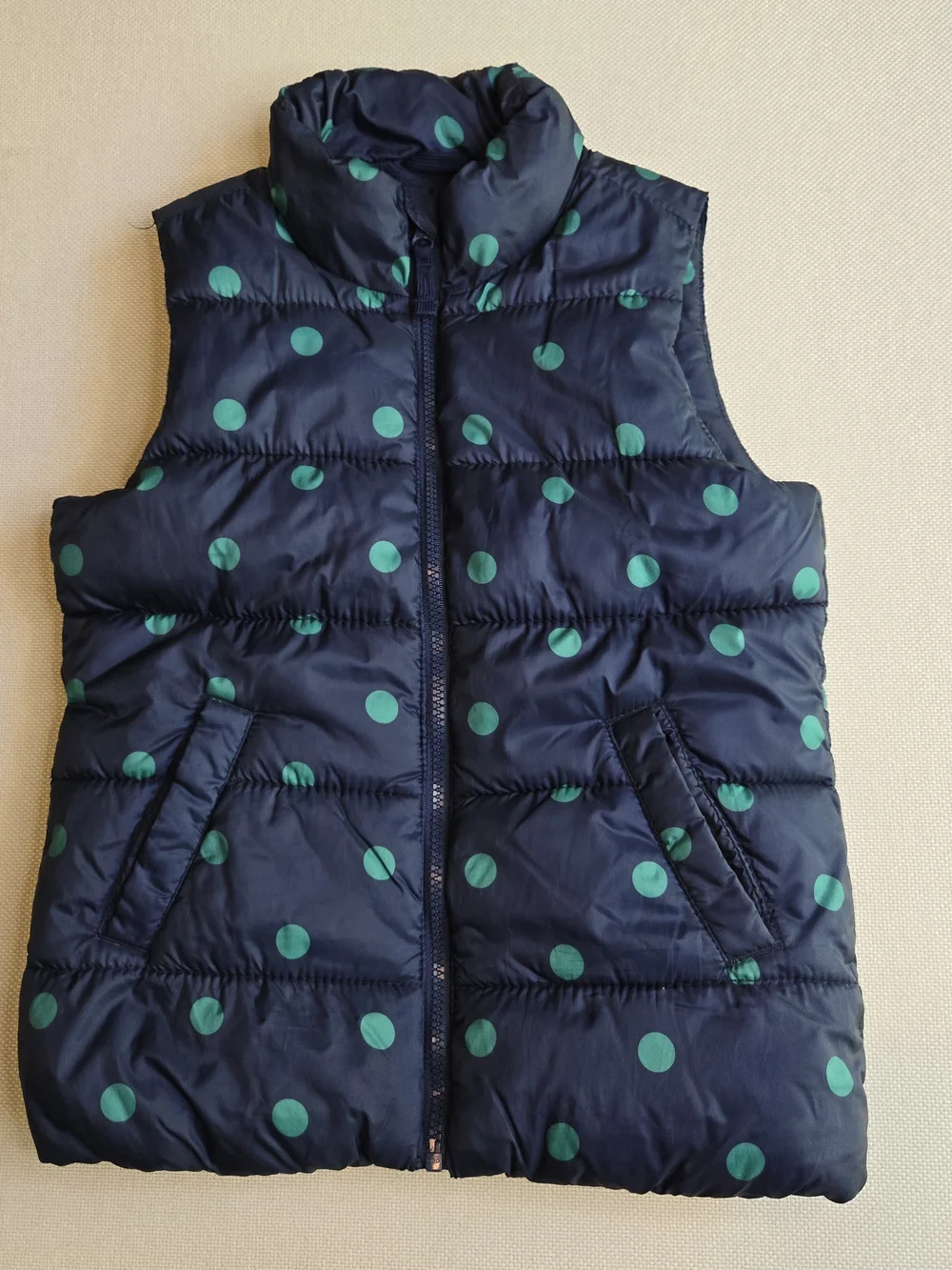 Old Navy Girls Medium 8 Navy Polka Dot Quilted Puffer Vest Zipper Front Winter